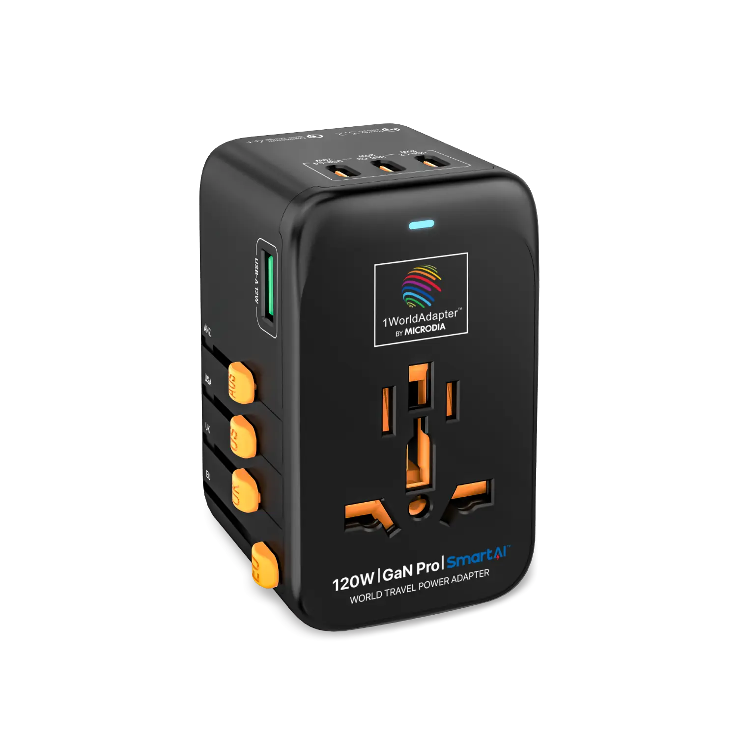 1WorldAdapter™ PD120W GaN Pro™ with 4 x USB-C PD3.2 & USB-A QC4+ PPS Fast Charging Microdia