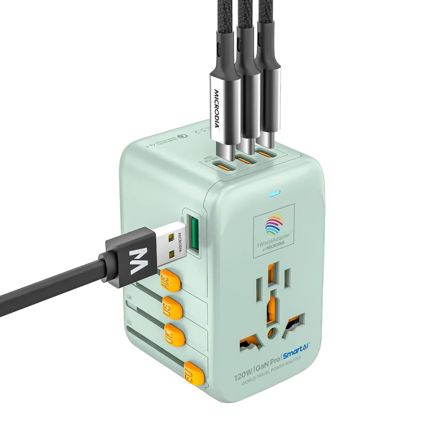 1WorldAdapter™ PD120W GaN Pro™ with 4 x USB-C PD3.2 & USB-A QC4+ PPS Fast Charging Microdia