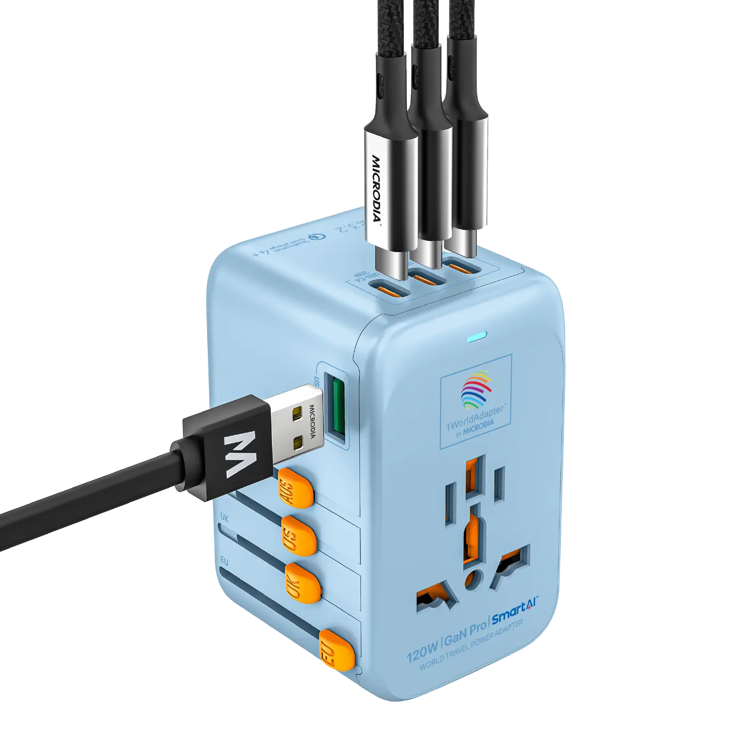 1WorldAdapter™ PD120W GaN Pro™ with 4 x USB-C PD3.2 & USB-A QC4+ PPS Fast Charging Microdia