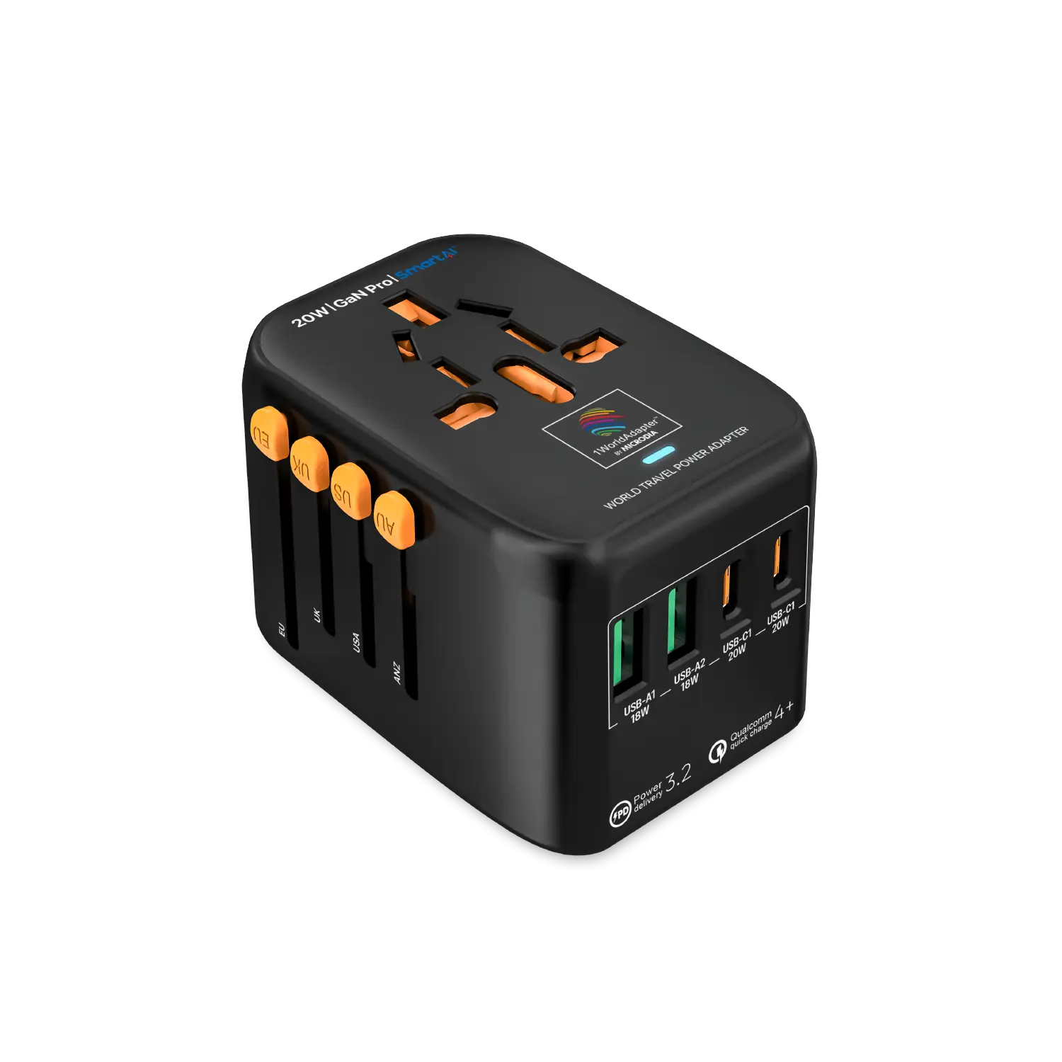 1WorldAdapter™ PD20W GaN Pro™ with 2 x USB-C PD3.2 & 2x USB-A QC4+ PPS Fast Charging Microdia