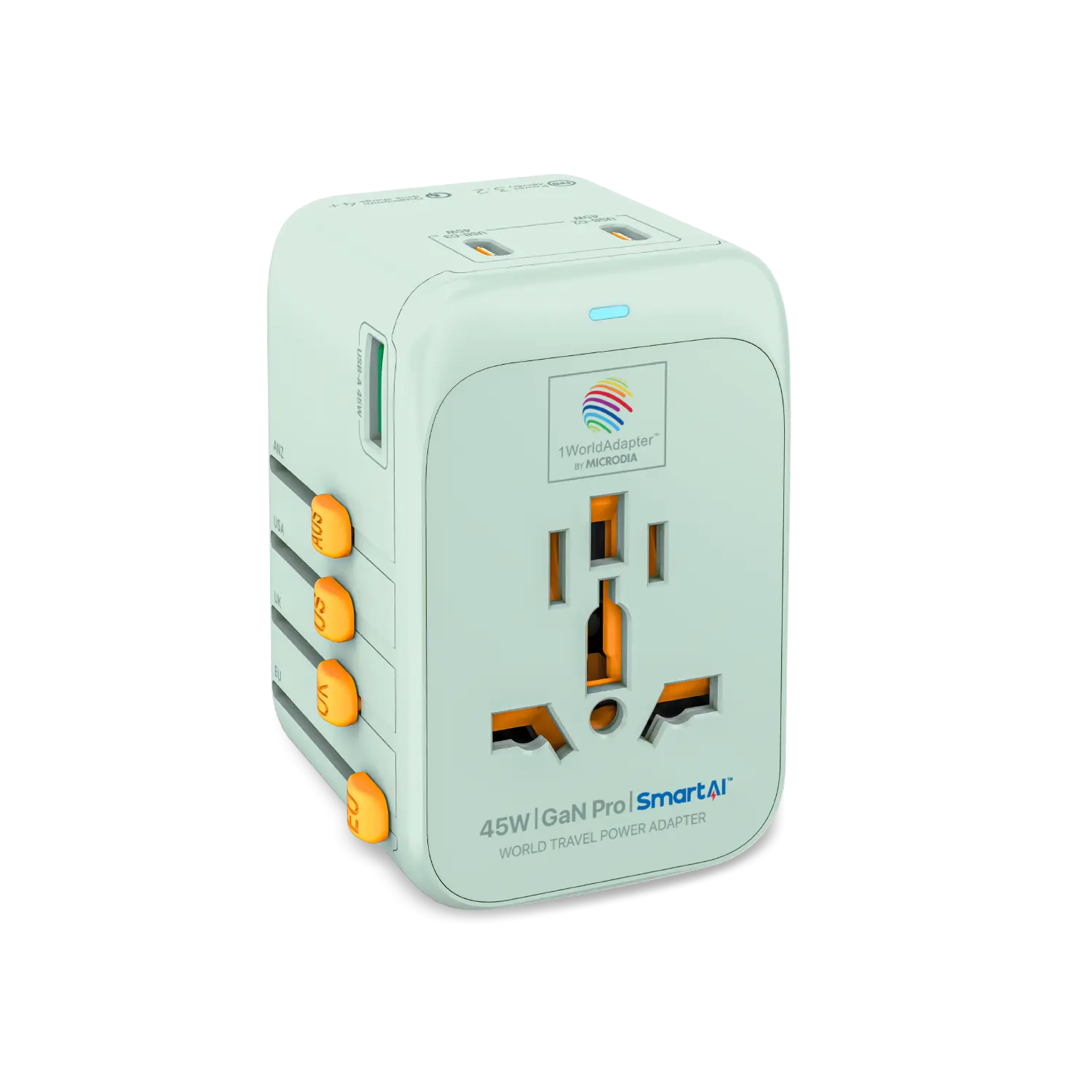 1WorldAdapter™ PD45W GaN Pro™ with 3 x USB-C PD3.2 & USB-A QC4+ PPS Fast Charging Microdia