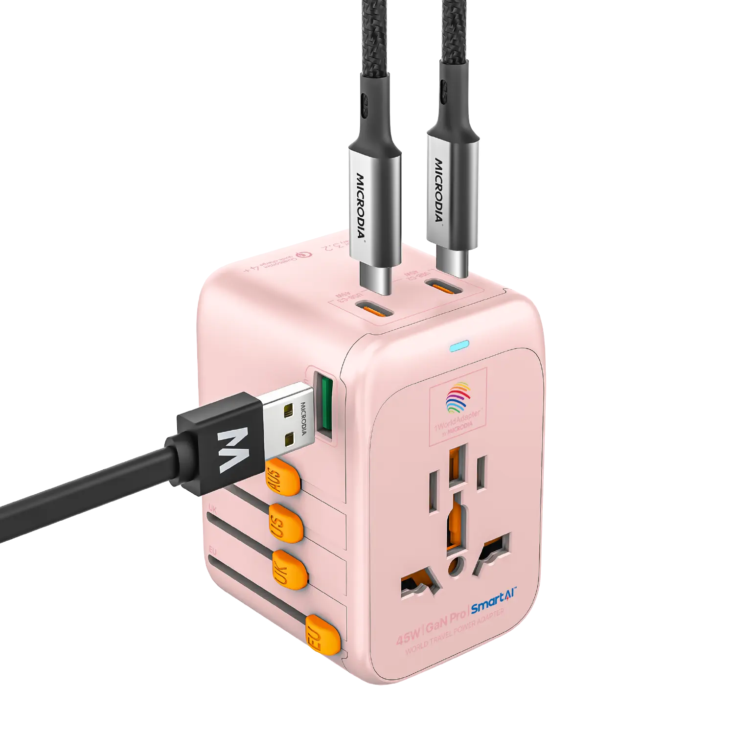 1WorldAdapter™ PD45W GaN Pro™ with 3 x USB-C PD3.2 & USB-A QC4+ PPS Fast Charging Microdia