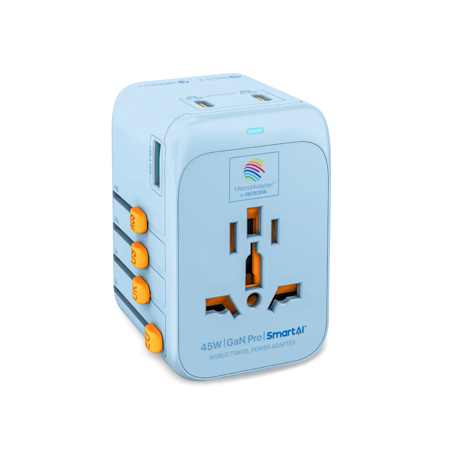 1WorldAdapter™ PD45W GaN Pro™ with 3 x USB-C PD3.2 & USB-A QC4+ PPS Fast Charging Microdia