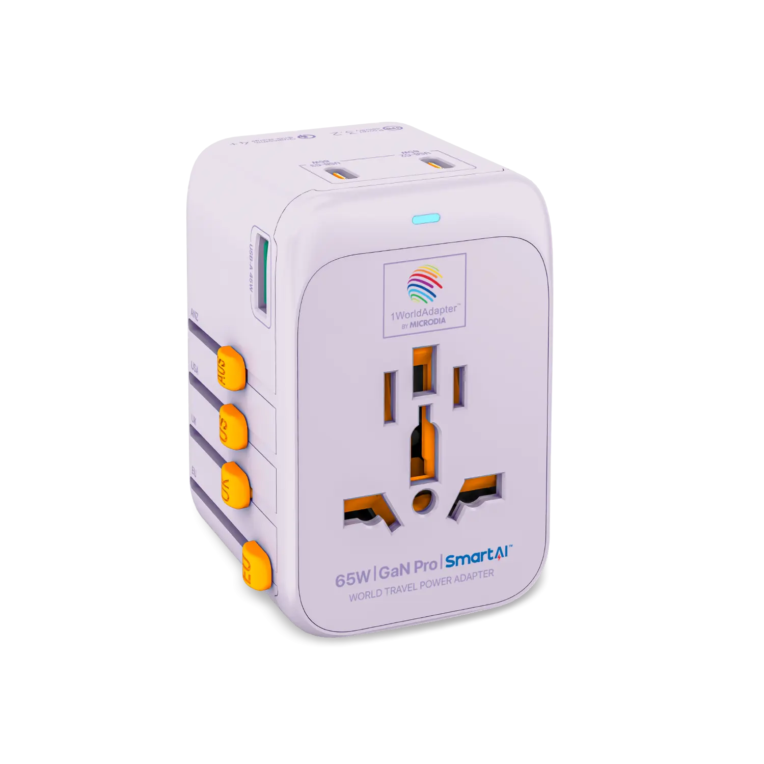 1WorldAdapter™ PD65W GaN Pro™ with 3 x USB-C PD3.2 & USB-A QC4+ PPS Fast Charging Microdia