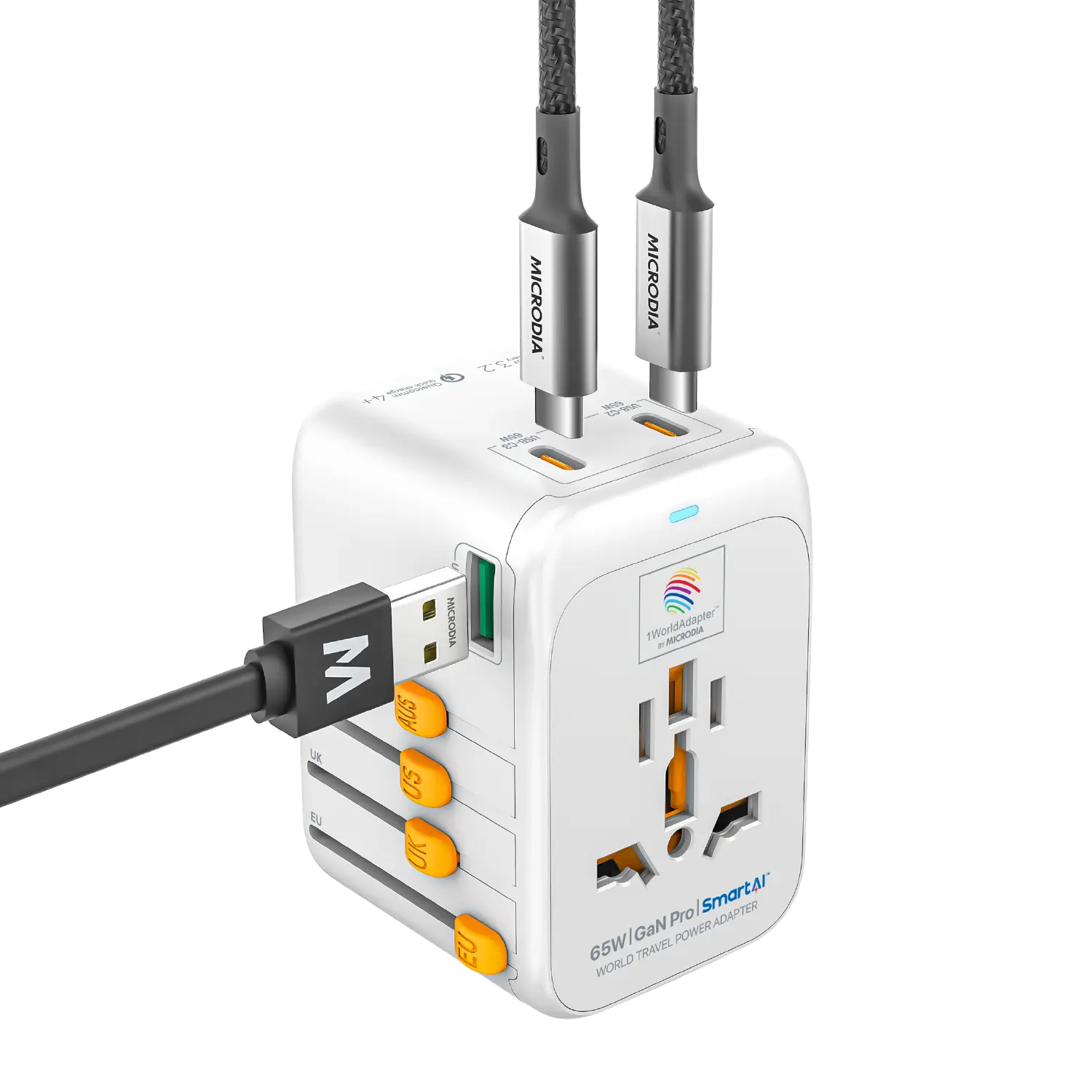 1WorldAdapter™ PD65W GaN Pro™ with 3 x USB-C PD3.2 & USB-A QC4+ PPS Fast Charging Microdia