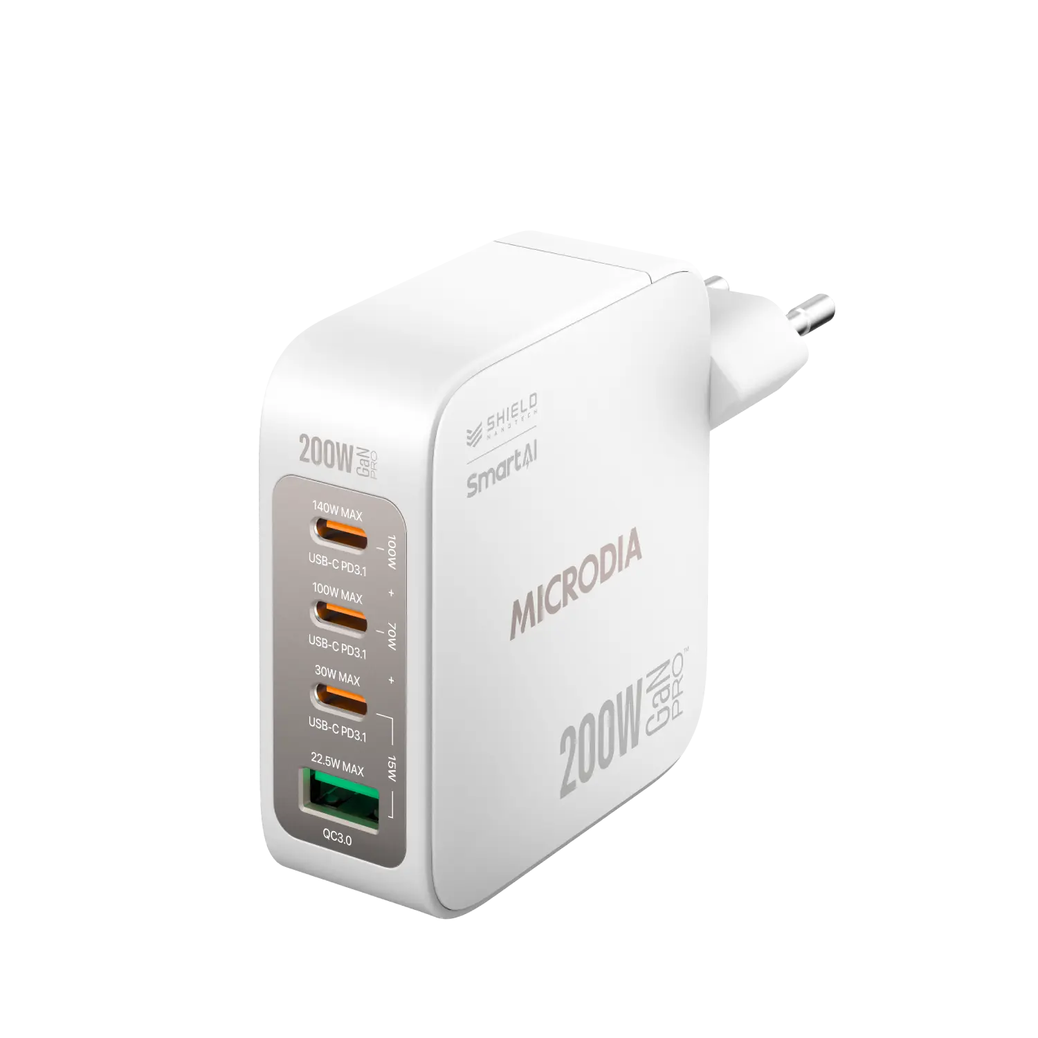 MICRODIA SMARTCube™ Nano 200W,GaN Pro Wall Charger, 4-Port,USB-C PD3.1 + USB-A QC3.0 Microdia