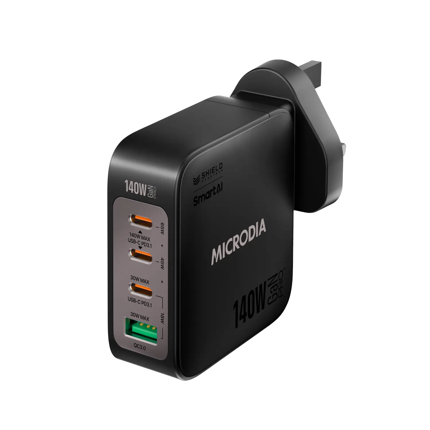 MICRODIA SMARTCube™ Nano 140W, GaN Pro Wall Charger, 4-Port, USB-C PD3.1 + USB-A QC3.0 Microdia