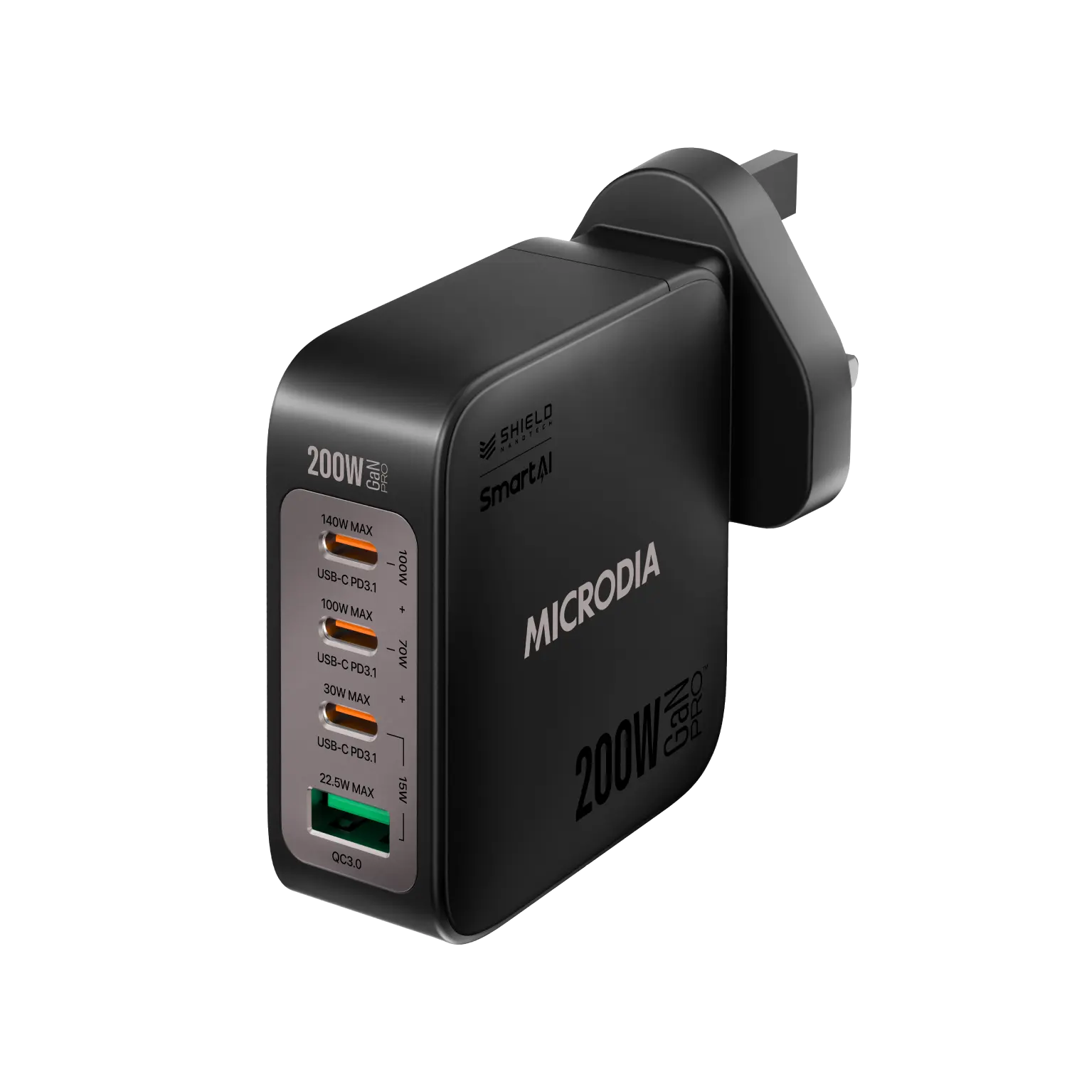 MICRODIA SMARTCube™ Nano 200W,GaN Pro Wall Charger, 4-Port,USB-C PD3.1 + USB-A QC3.0 Microdia