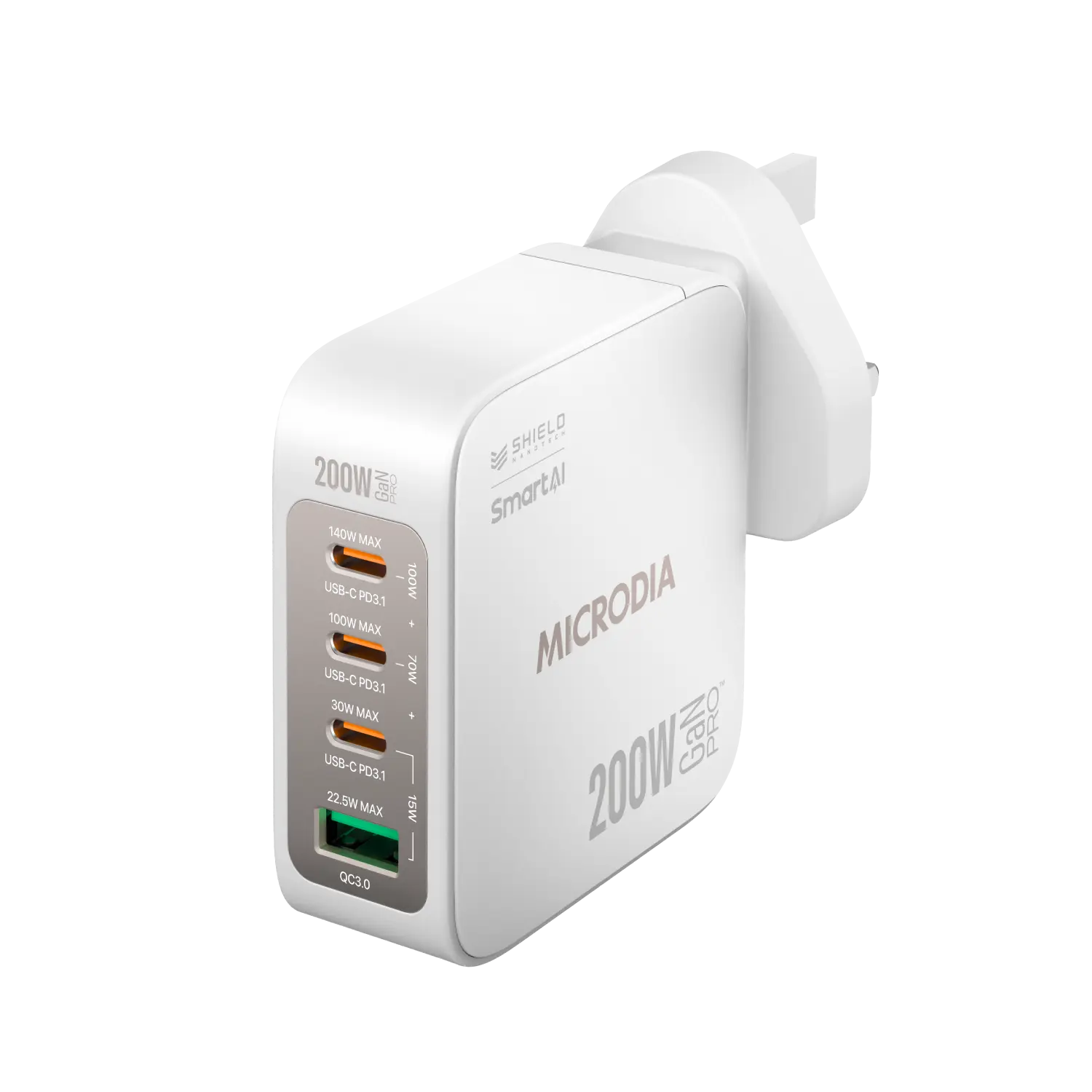 MICRODIA SMARTCube™ Nano 200W,GaN Pro Wall Charger, 4-Port,USB-C PD3.1 + USB-A QC3.0 Microdia