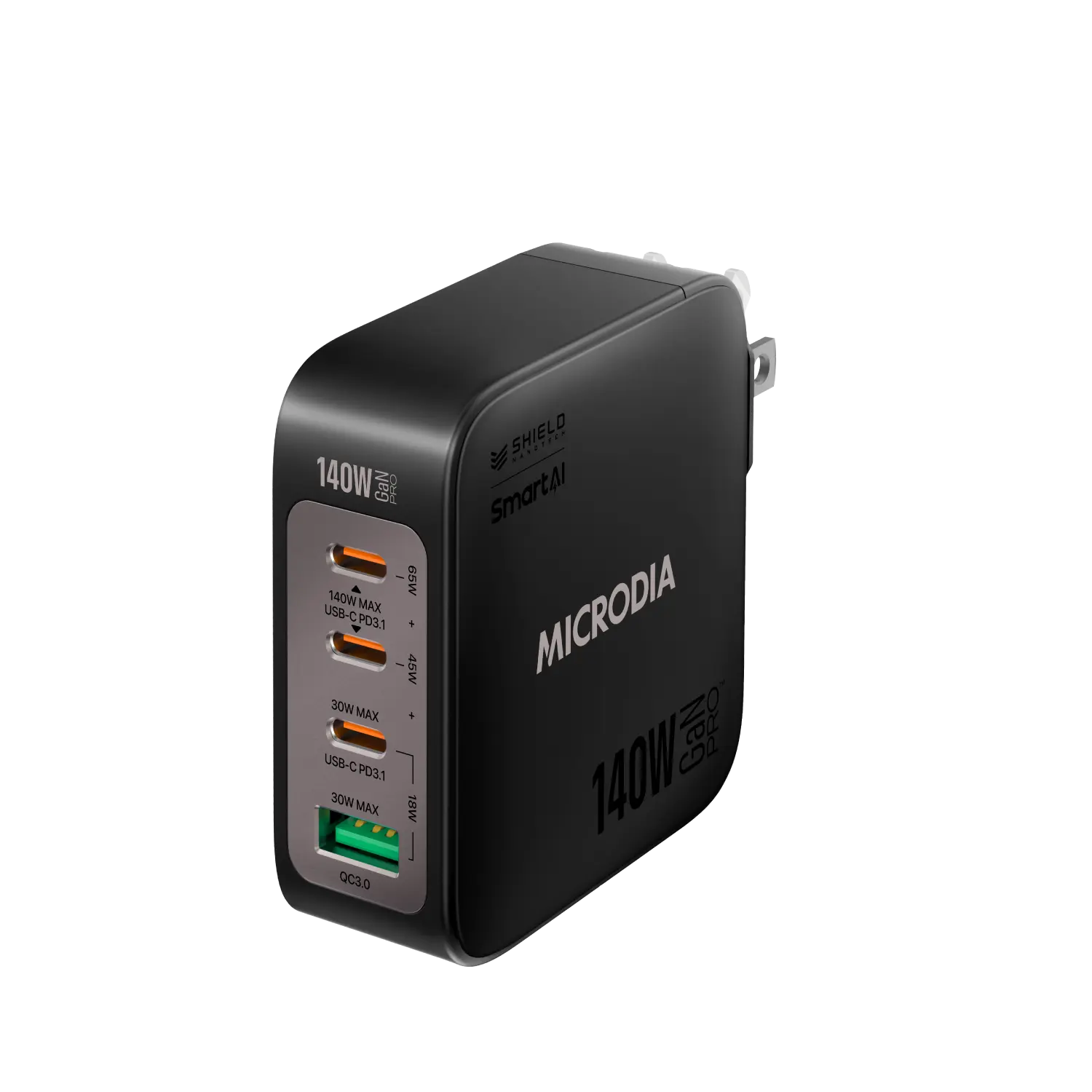 MICRODIA SMARTCube™ Nano 140W, GaN Pro Wall Charger, 4-Port, USB-C PD3.1 + USB-A QC3.0 Microdia