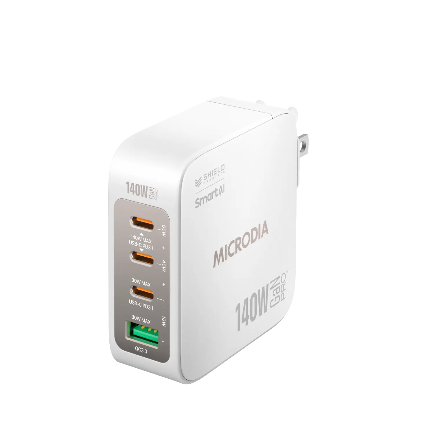 MICRODIA SMARTCube™ Nano 140W, GaN Pro Wall Charger, 4-Port, USB-C PD3.1 + USB-A QC3.0 Microdia